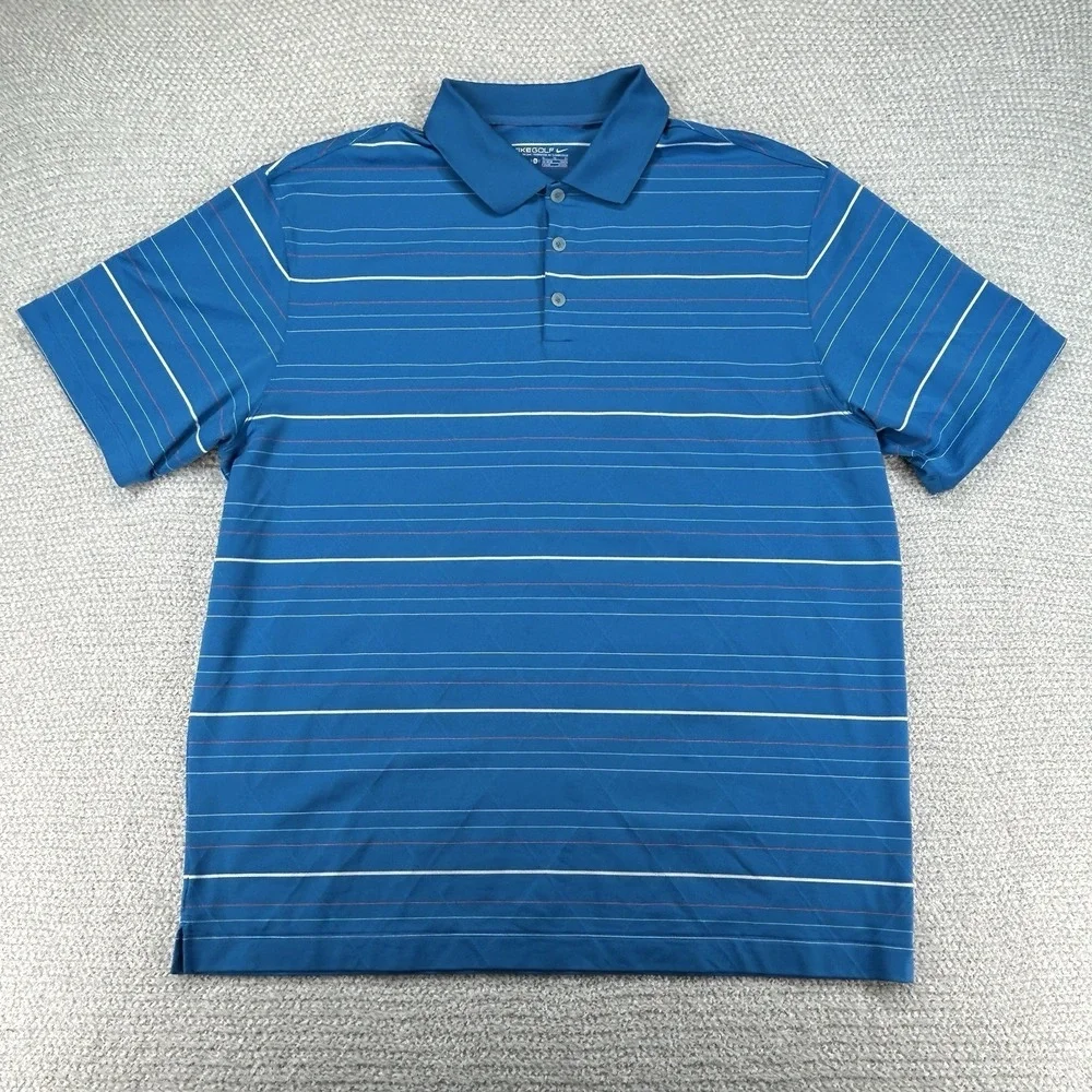 Nike Polo Shirt Mens XL Blue Striped Dr-Fit Golf Performance Stretch Preppy‎